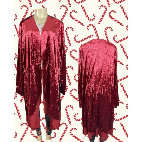 Torrid Plus 3 Red Crushed Velvet Open Front Mesh Hem Long Sleeve Midi Topper - Picture 1 of 6